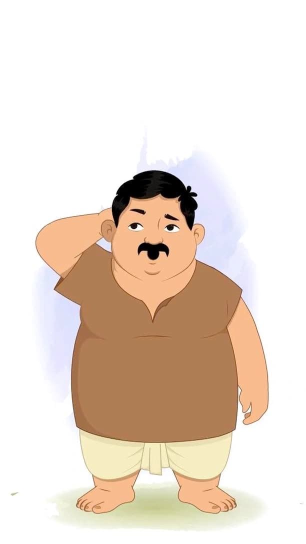 Chubby cartoon villager character named Ganesh standing with one hand behind his head, looking puzzled or confused, wearing a brown vest and white dhoti