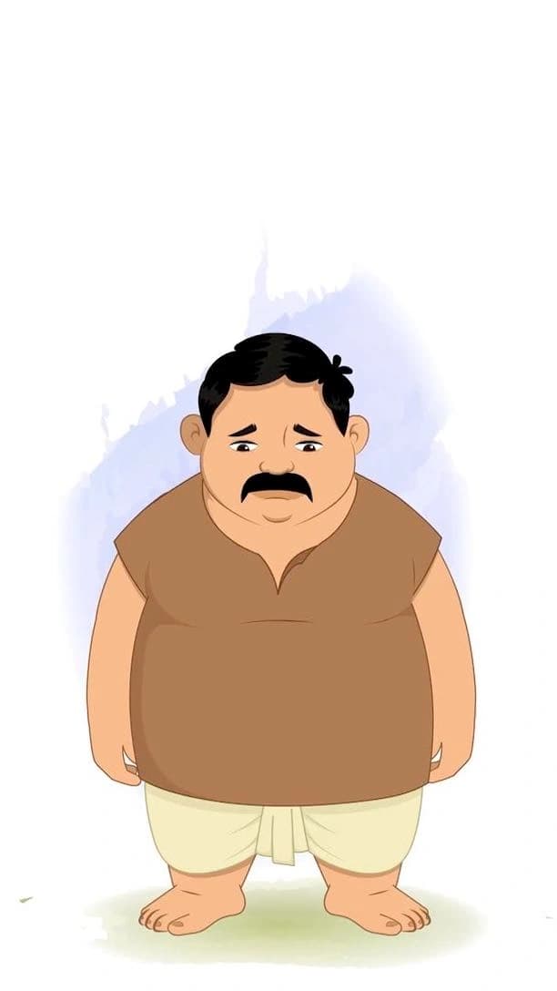 Chubby cartoon villager character named Ganesh standing with a sad expression, head slightly lowered, wearing a brown vest and white dhoti