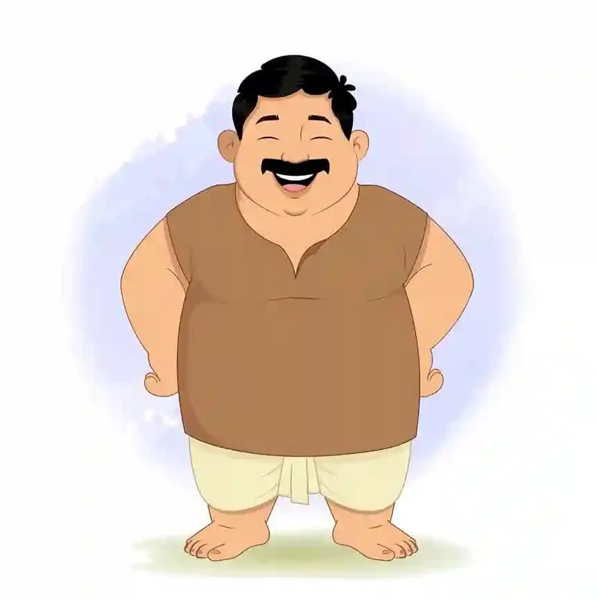Cartoon villager character Ganesh, a chubby man with mustache, wearing a brown vest and white dhoti, shown standing with hands on hips and laughing joyfully