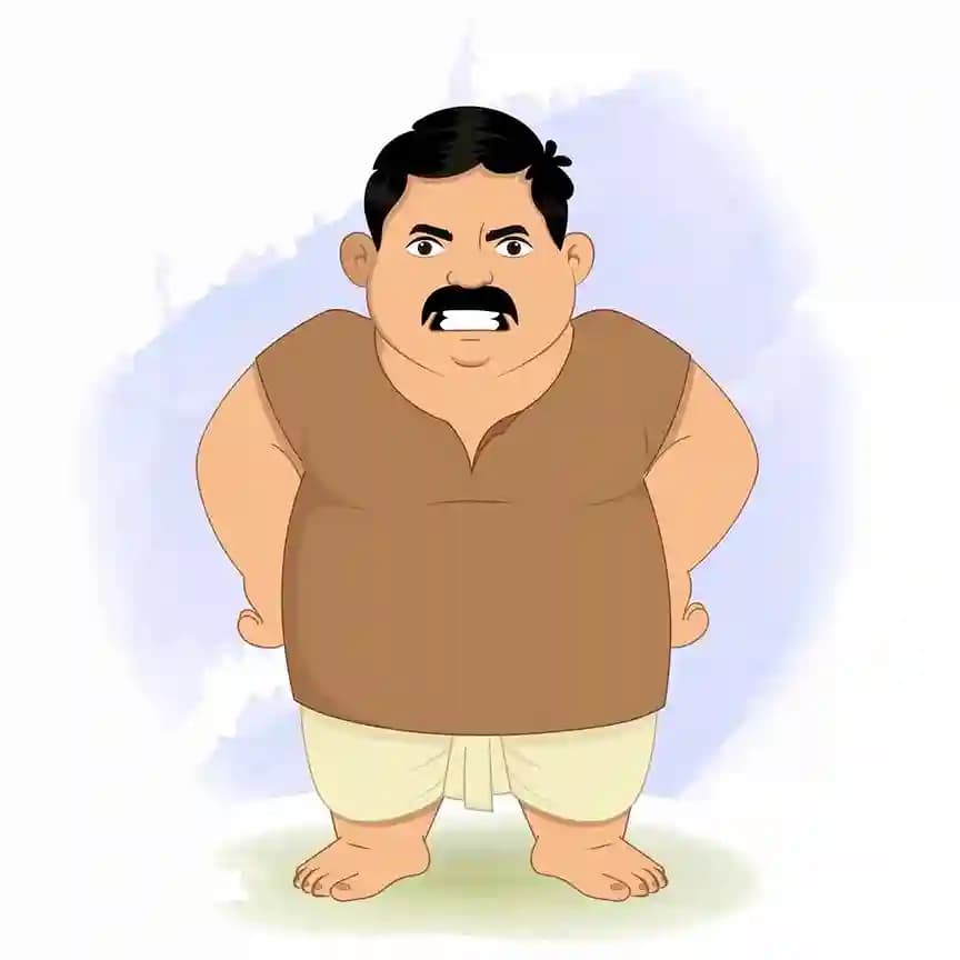 Chubby cartoon villager character named Ganesh standing with hands on hips, showing an angry expression with clenched teeth, dressed in a brown vest and white dhoti