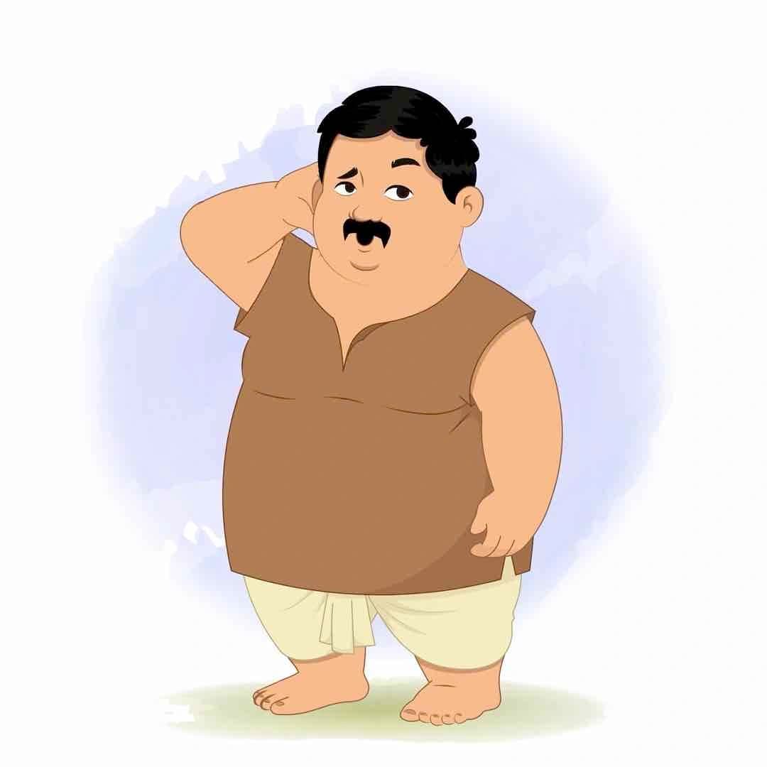 A 2D animated vector cartoon character of a fat villager named Ganesh, wearing a brown sleeveless shirt and white dhoti, scratching his head with a puzzled expression