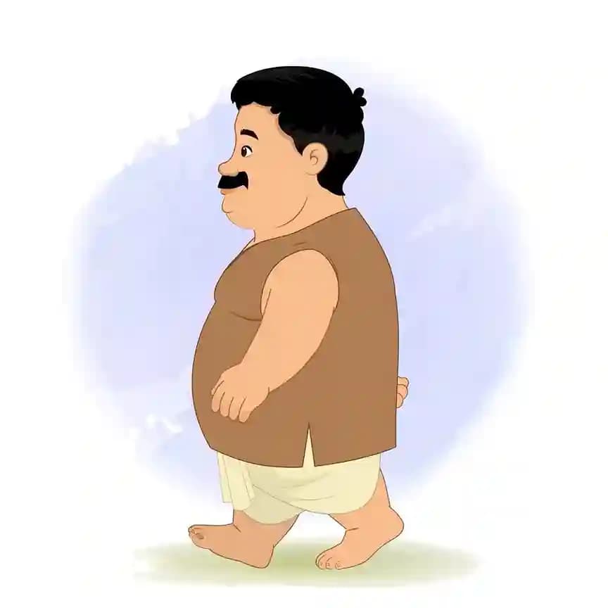 Cartoon villager character Ganesh, a chubby man with mustache, wearing a brown vest and white dhoti, shown walking in side profile view