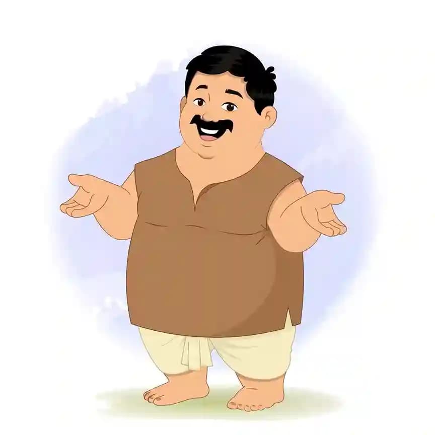 A cheerful 2D animated vector cartoon character of a fat villager named Ganesh, wearing a brown sleeveless shirt, white dhoti, and smiling with open arms