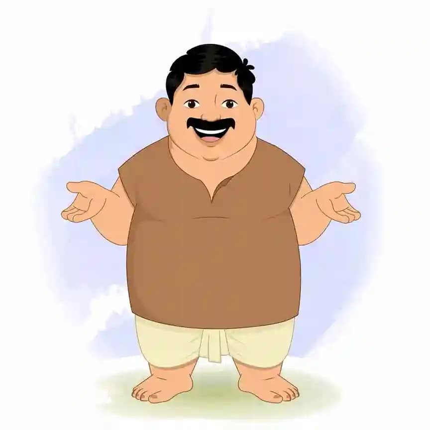 Chubby cartoon villager character named Ganesh standing with a cheerful expression and open arms, as if talking or explaining something, dressed in a brown vest and white dhoti