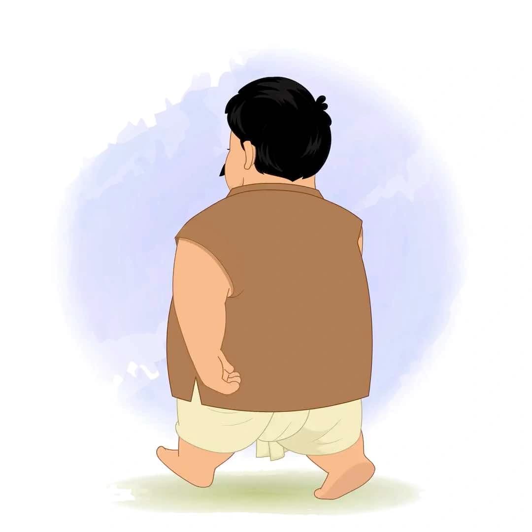 A 2D animated vector cartoon character of a fat villager named Ganesh, shown from the back while walking, wearing a brown sleeveless shirt and white dhoti