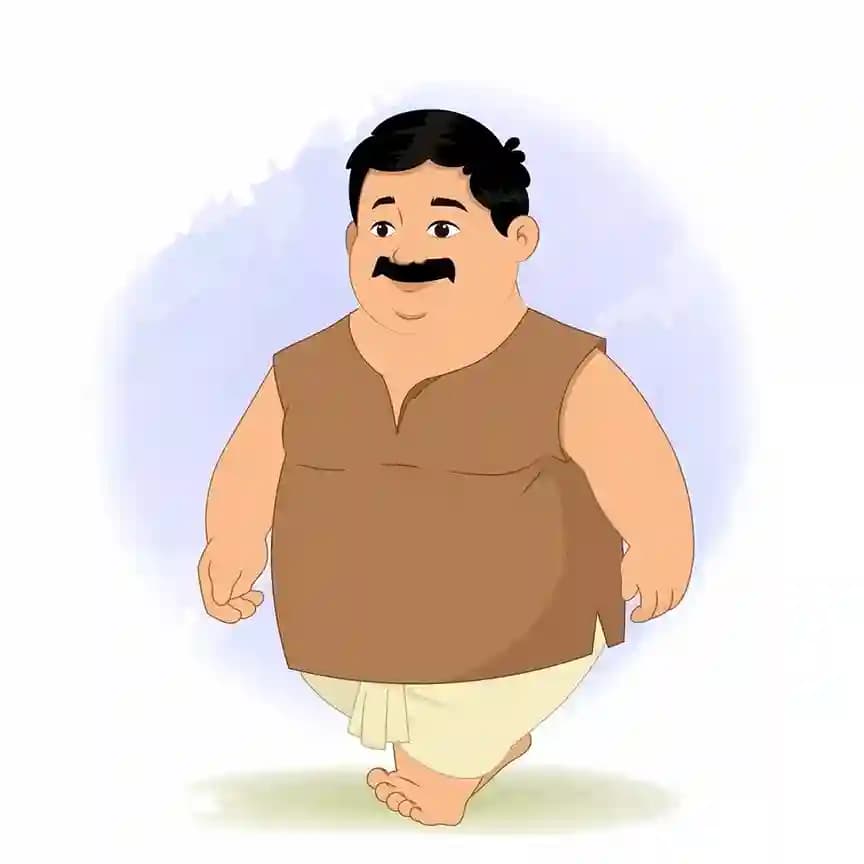 A 2D animated vector cartoon character of a fat villager named Ganesh, wearing a brown sleeveless shirt and white dhoti, shown walking with a cheerful expression