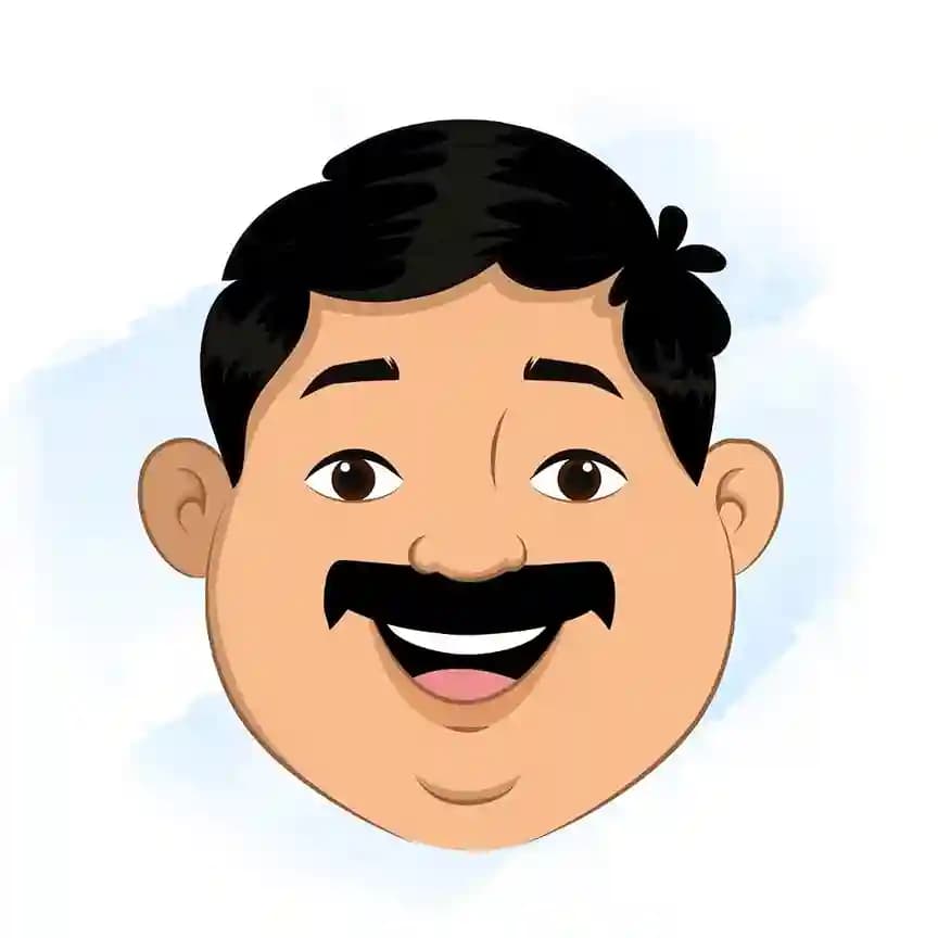 Close-up of the cartoon villager character Ganesh’s face with a cheerful smile and wide-open eyes, showcasing a happy expression, in 2D animated vector style