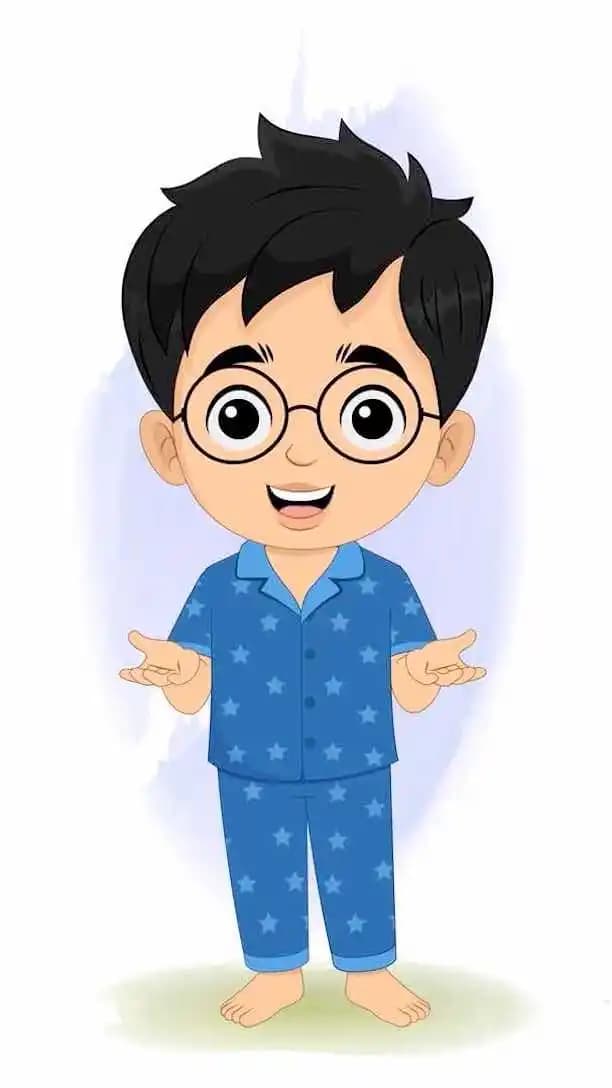 Small kid talking animated vector cartoon character in blue star pajamas, cute smiling boy with glasses AKA Ahaan