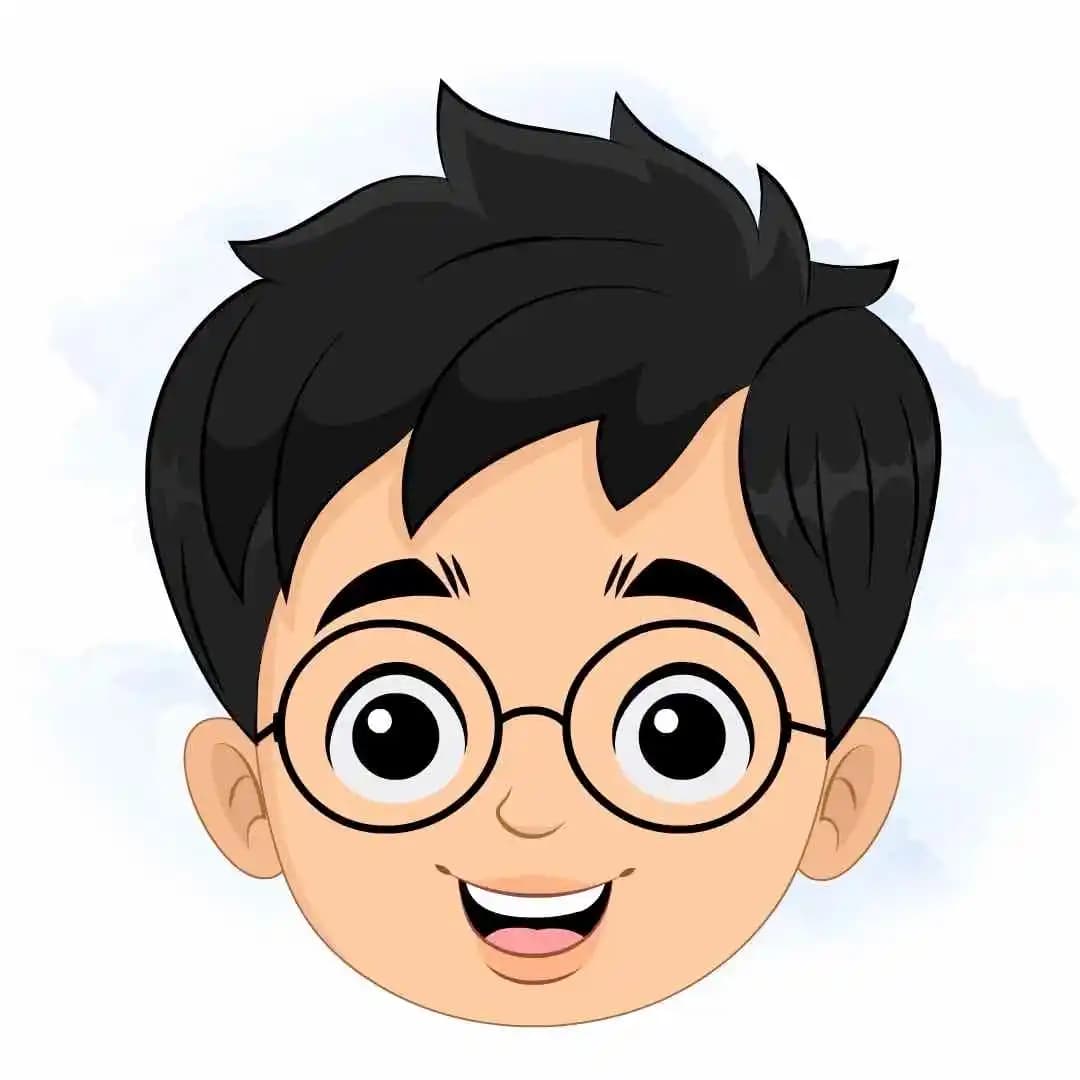 Small kid animated vector cartoon character smiling face close-up with glasses and black hair AKA Ahaan