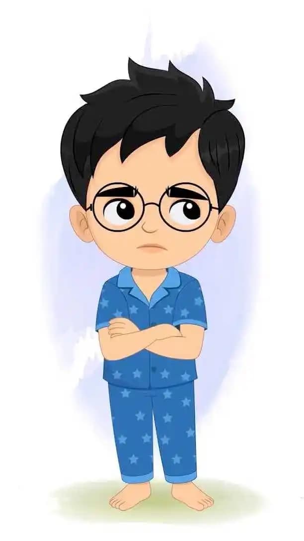 Small kid animated vector cartoon character looking annoyed with arms crossed in blue star pajamas AKA Ahaan