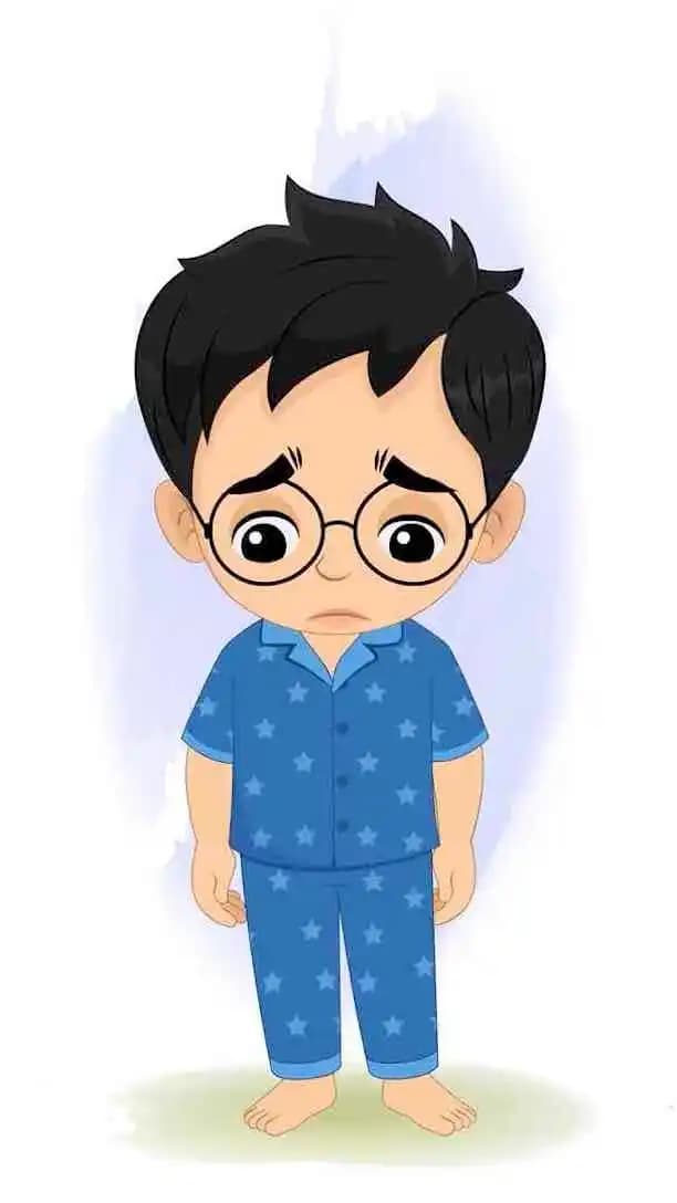 Small kid animated vector cartoon character looking sad with drooping eyes in blue star pajamas AKA Ahaan