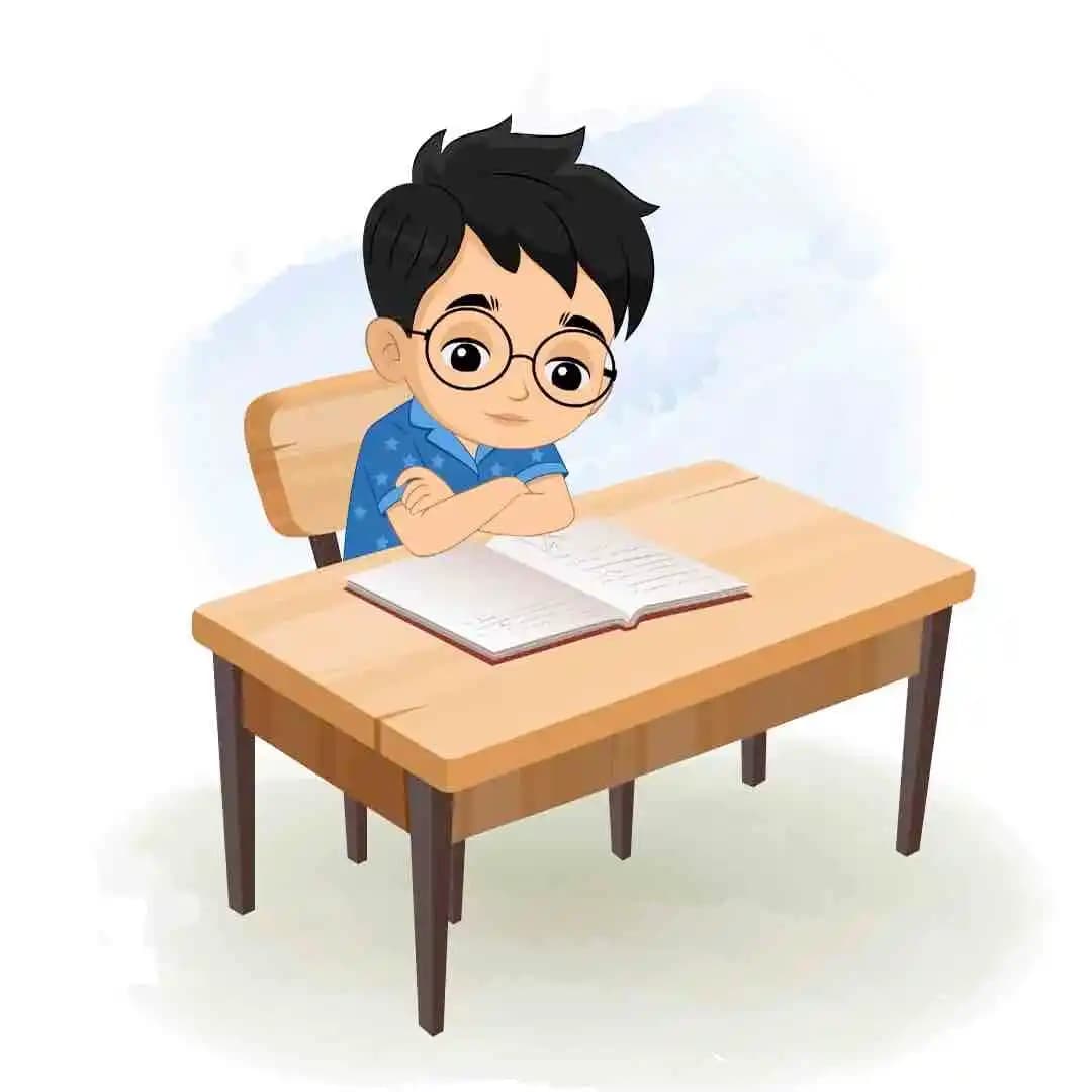 Cartoon illustration of a small boy character named, wearing glasses and blue star-patterned pajamas, sitting at a wooden desk with arms crossed, looking at an open book in front of him AKA Ahaan
