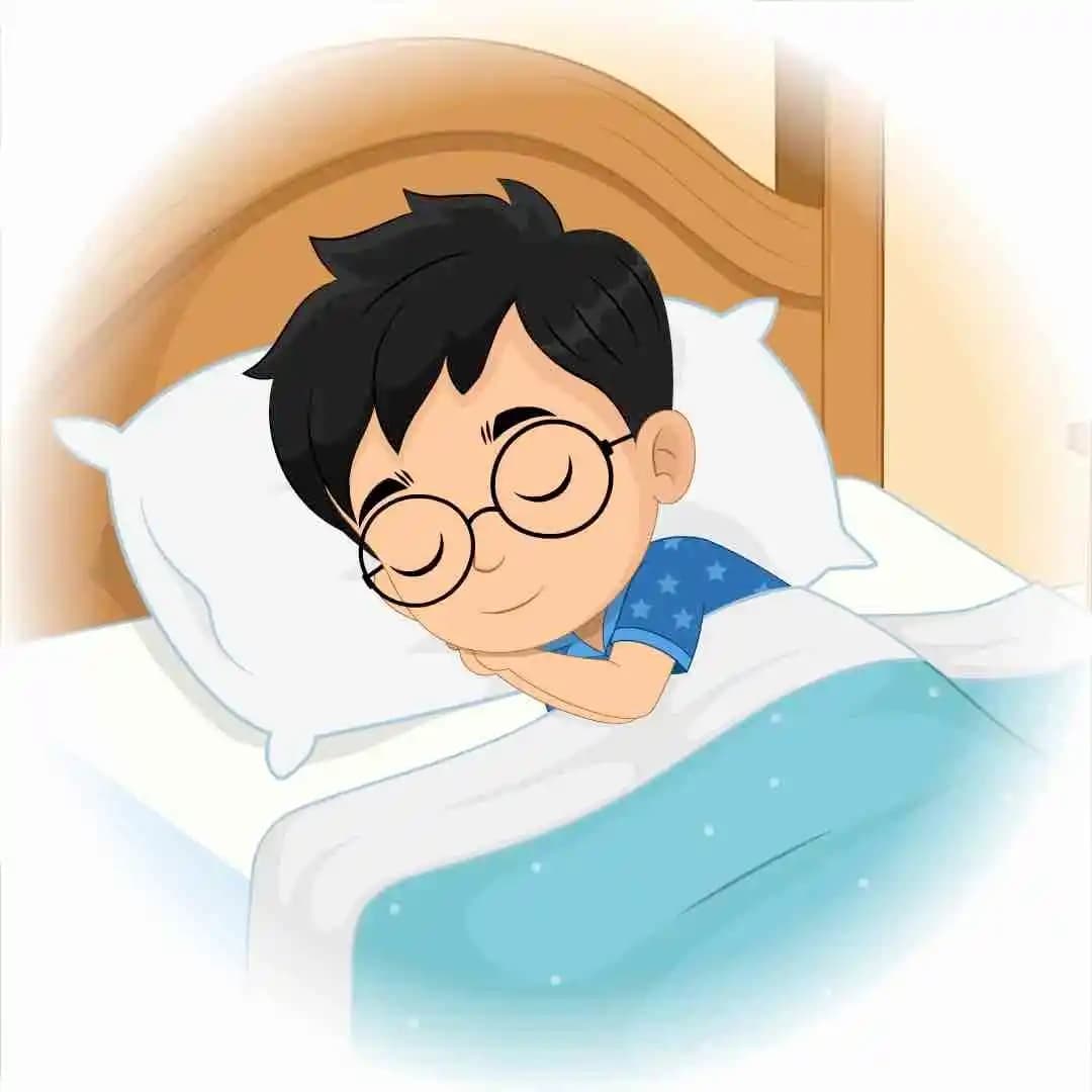 Cartoon illustration of a small boy character, wearing glasses and blue star-patterned pajamas, peacefully sleeping in bed with a pillow and blanket AKA Ahaan