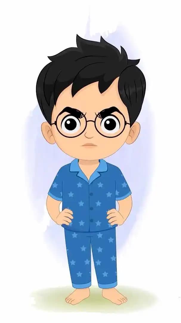 Small kid animated vector cartoon character looking angry with frowning face and hands on waist in blue star pajamas AKA Ahaan