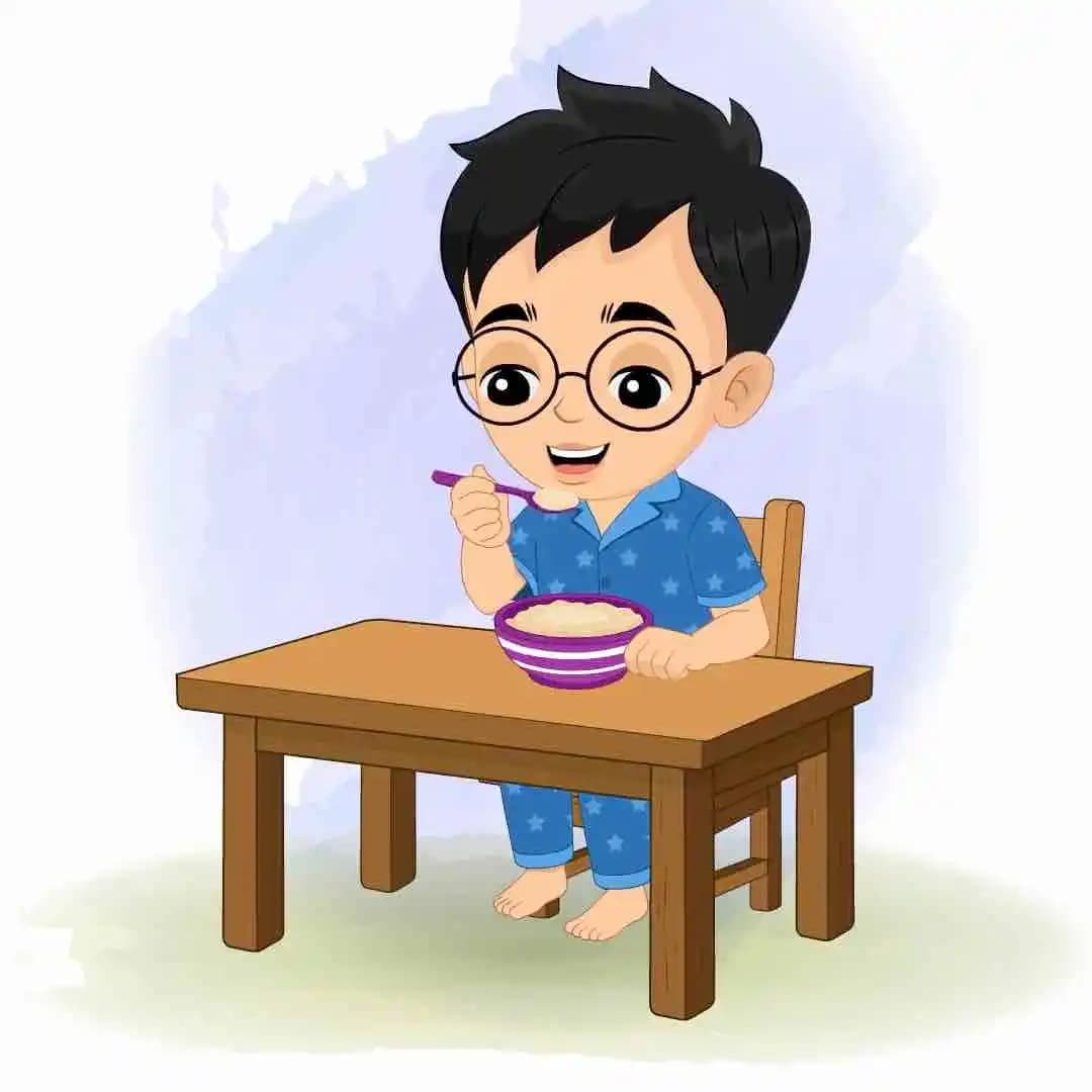 Cartoon illustration of a small boy character, wearing glasses and blue star-patterned pajamas, sitting at a wooden table and happily eating from a purple-striped bowl with a spoon AKA Ahaan