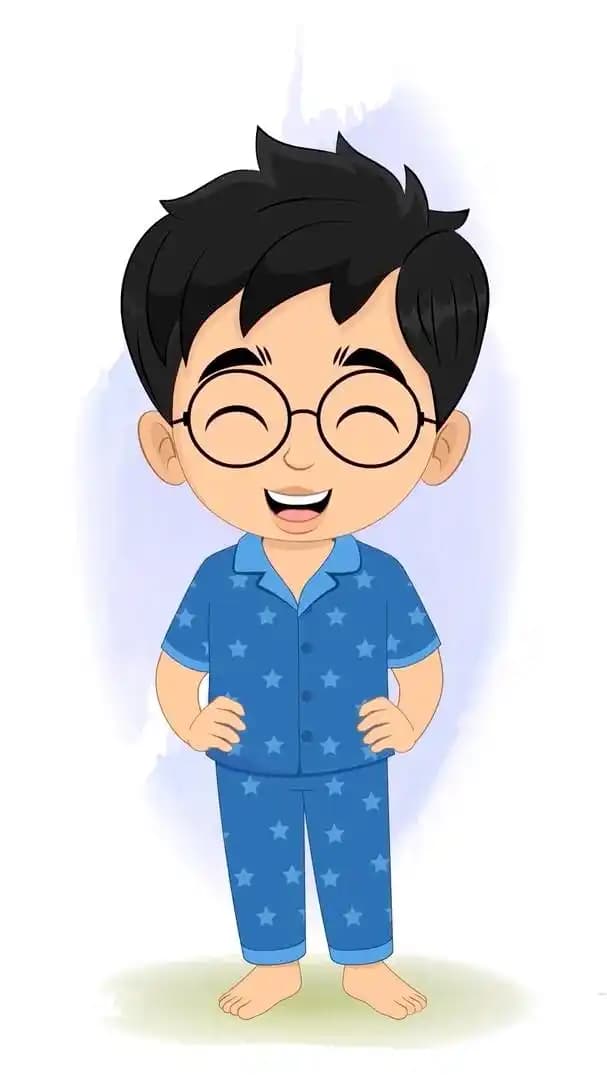 Small kid animated vector cartoon character laughing happily with closed eyes in blue star AKA Ahaan