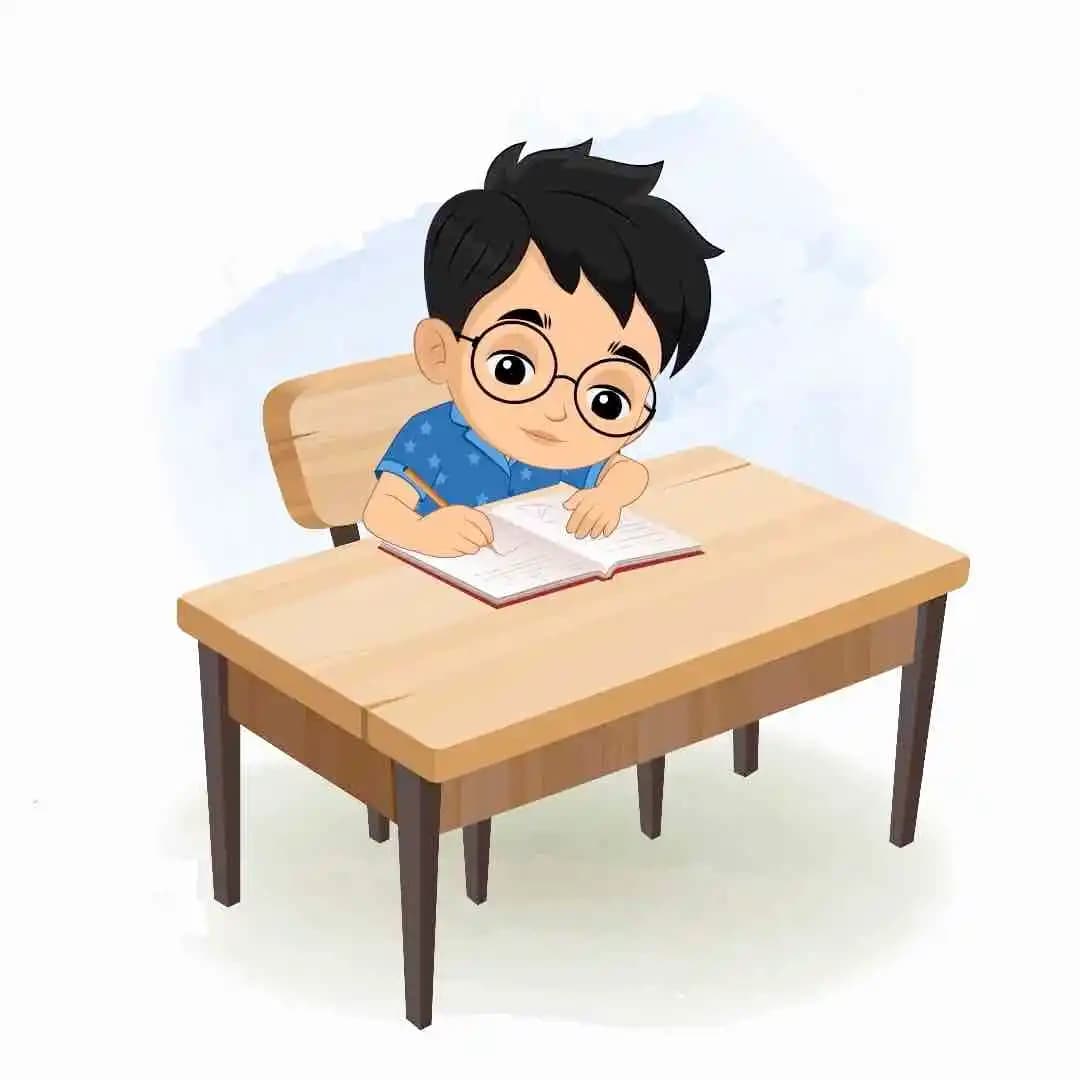 Cartoon illustration of a small boy character, wearing glasses and blue star-patterned pajamas, sitting at a wooden desk and writing in an open book with a focused expression AKA Ahaan