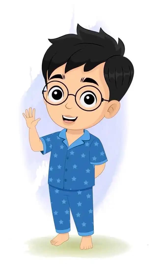 Small kid animated vector cartoon character waving hand and smiling in blue star pajamas AKA Ahaan