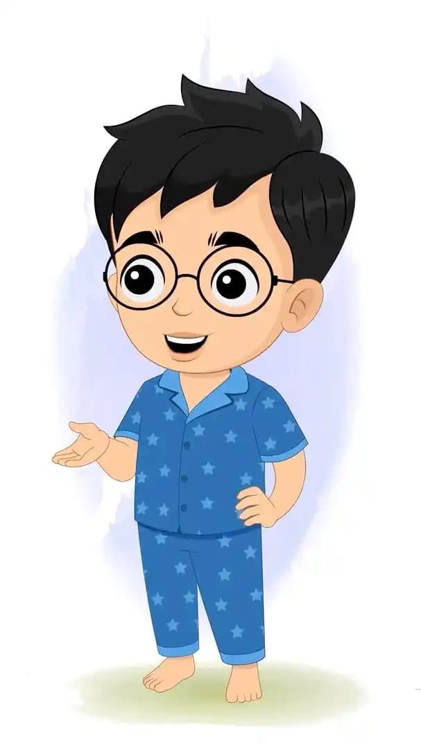 Small kid animated vector cartoon character smiling and talking with hand gesture in blue star pajamas AKA Ahaan