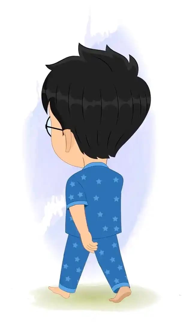 Vector illustration of a small boy cartoon character, shown from the back view, wearing blue star-patterned pajamas, round glasses, and walking barefoot with a relaxed posture AKA Ahaan