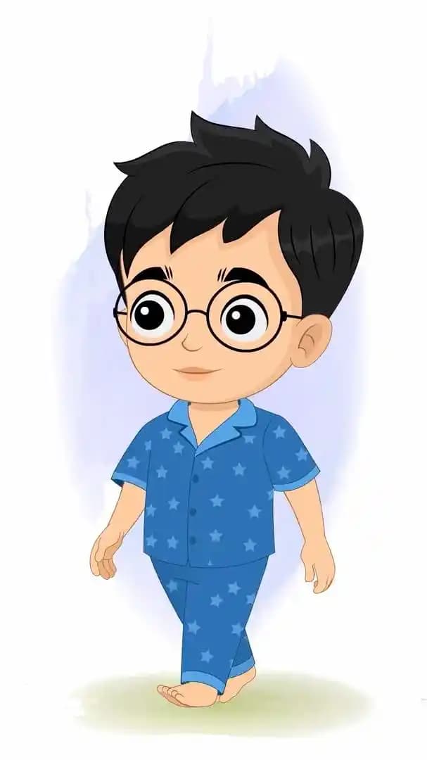 Illustration of a cute small boy cartoon character named Ahaan, shown in a vector style wearing blue star-patterned pajamas, round glasses, and walking barefoot with a gentle expression AKA Ahaan
