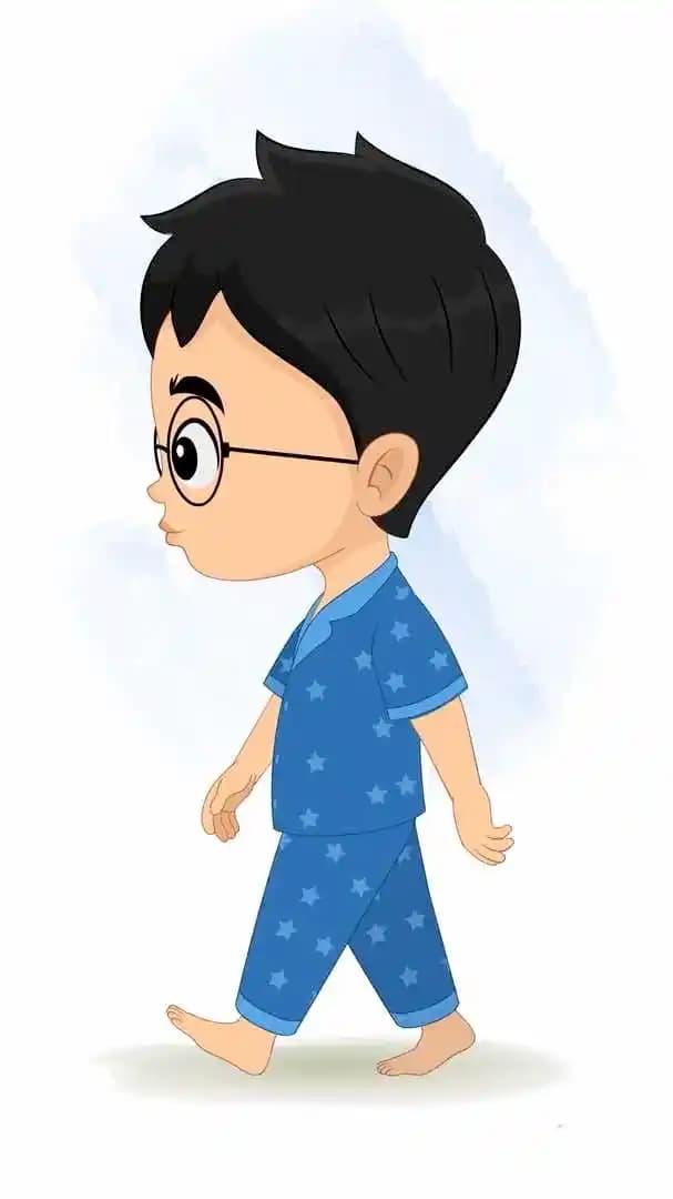 Small kid animated vector cartoon character side view walking pose in blue star pajamas AKA Ahaan