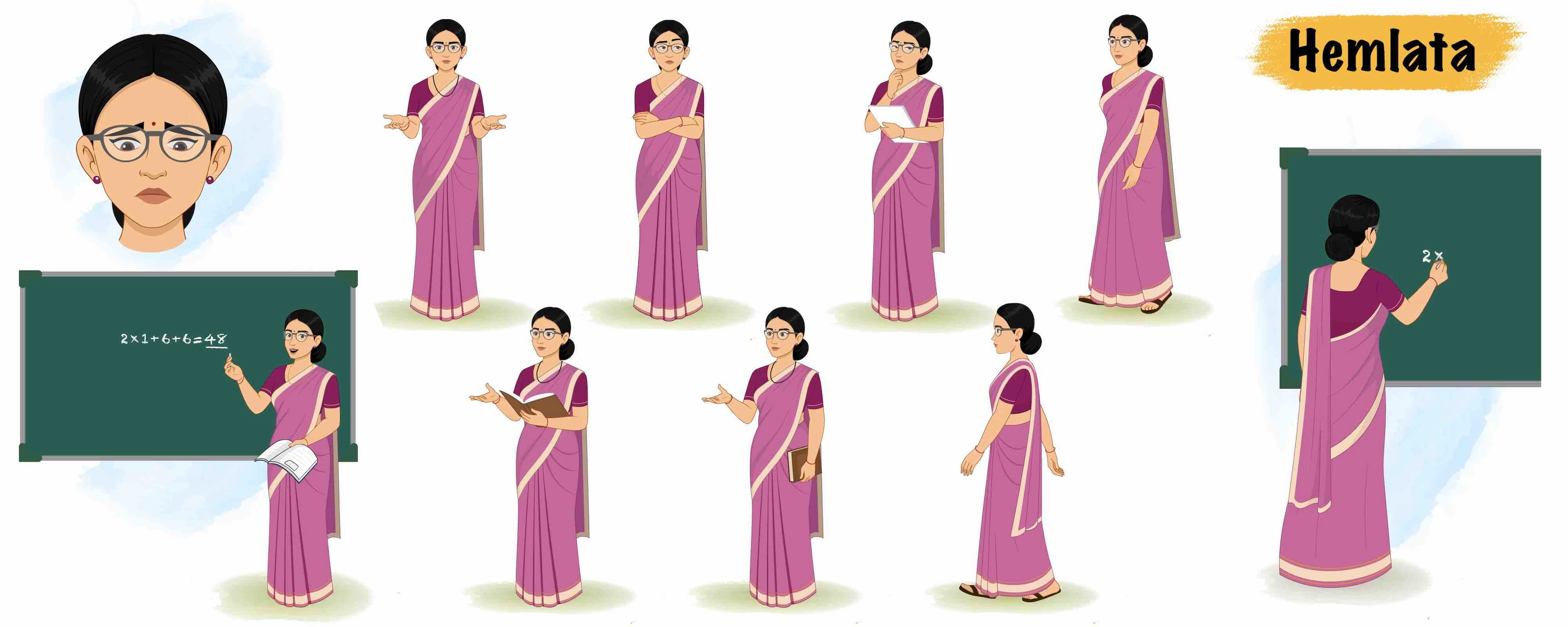 A young Indian woman teacher animated vector cartoon character AKA Hemlata