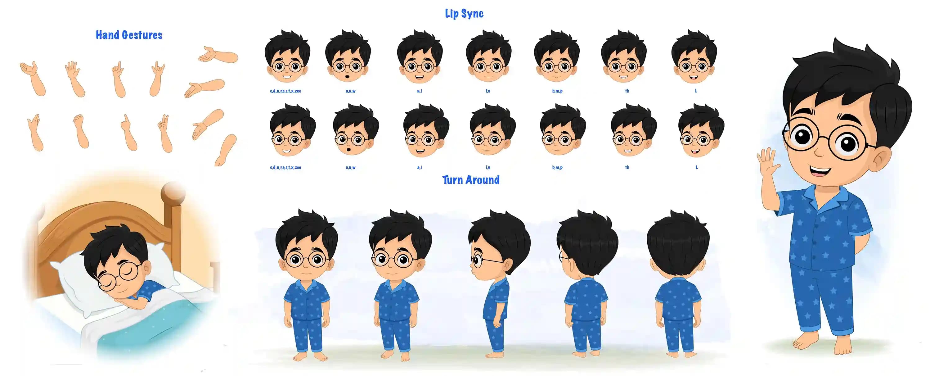 Complete modelsheet of a cartoon boy character, showing multiple hand gestures, lip sync mouth shapes, full body turnaround poses (front, side, back), and character expressions. The sheet also includes Ahaan sleeping in bed and a larger waving pose, wearing blue star-patterned pajamas and glasses AKA Ahaan