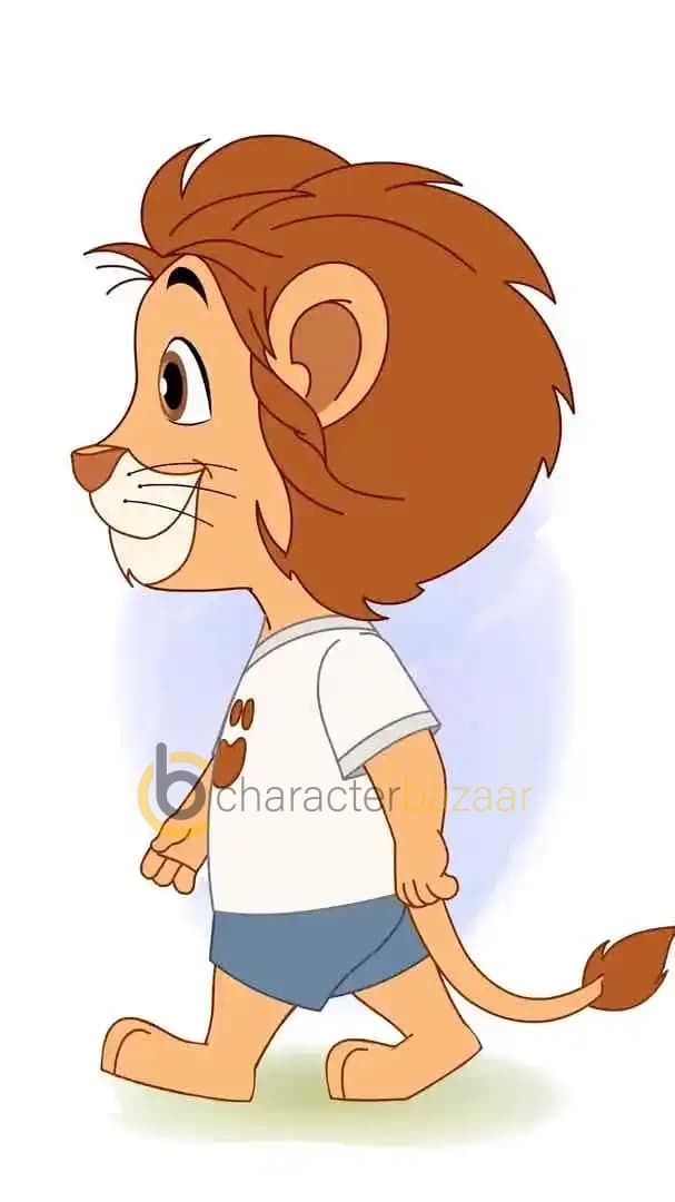 Cute 2D baby lion cartoon character in a white t-shirt and blue shorts, shown in profile view, smiling while walking forward with a cheerful expression