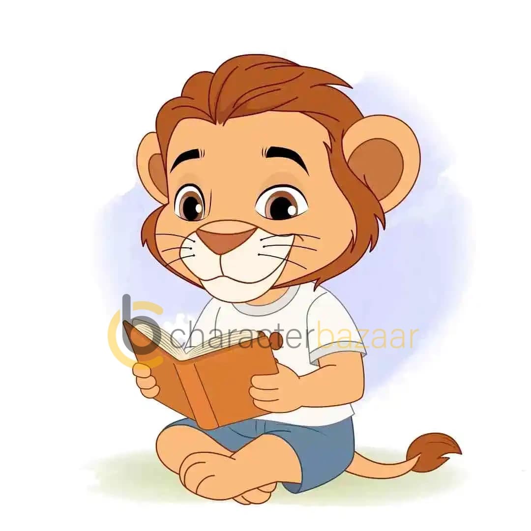 Cute 2D baby lion cartoon character sitting cross-legged, wearing a white t-shirt and blue shorts, happily reading an open book with a focused expression