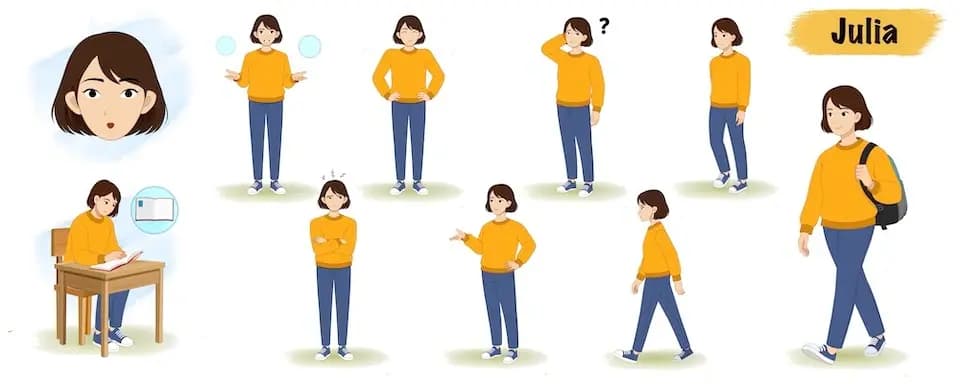 A young woman animated vector cartoon character model sheet AKA Julia