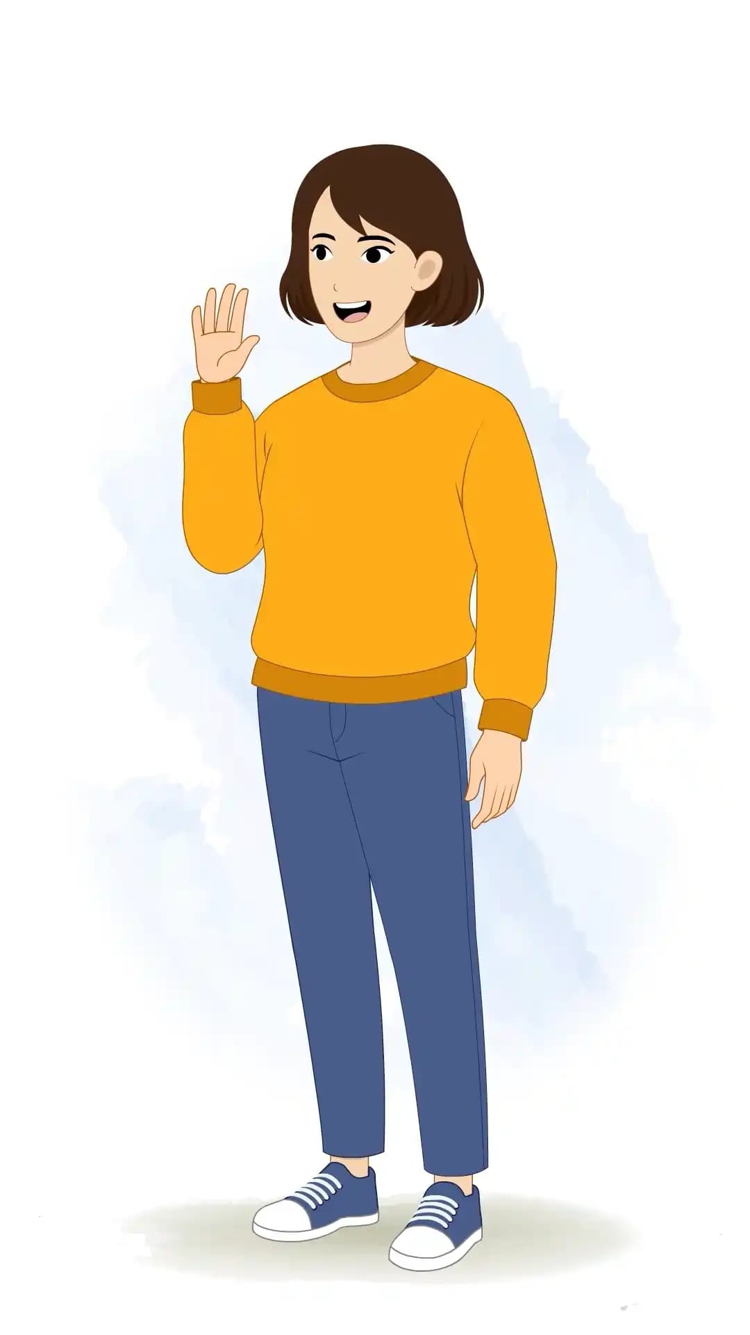 This animated cartoon character is shown in a waving hand pose with a cheerful smile, perfect for animation, explainer videos, storytelling, games, and creative projects. Download now from Character Bazaar AKA Julia