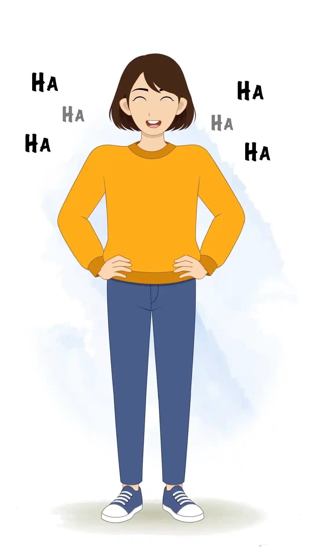 This animated cartoon character is shown in a laughing pose with eyes closed, hands on waist, and cheerful expression, perfect for fun animations, storytelling, explainer videos, games, and comic scenes AKA Julia