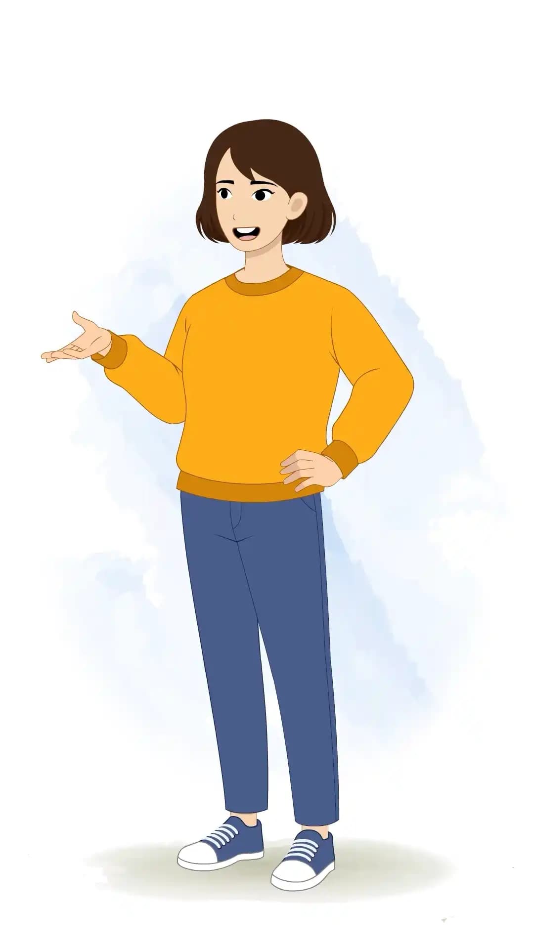 This animated cartoon character is shown in a one-third talking pose with expressive hand gestures, making it ideal for storytelling, explainer videos, conversations, games, and animation projects AKA Julia