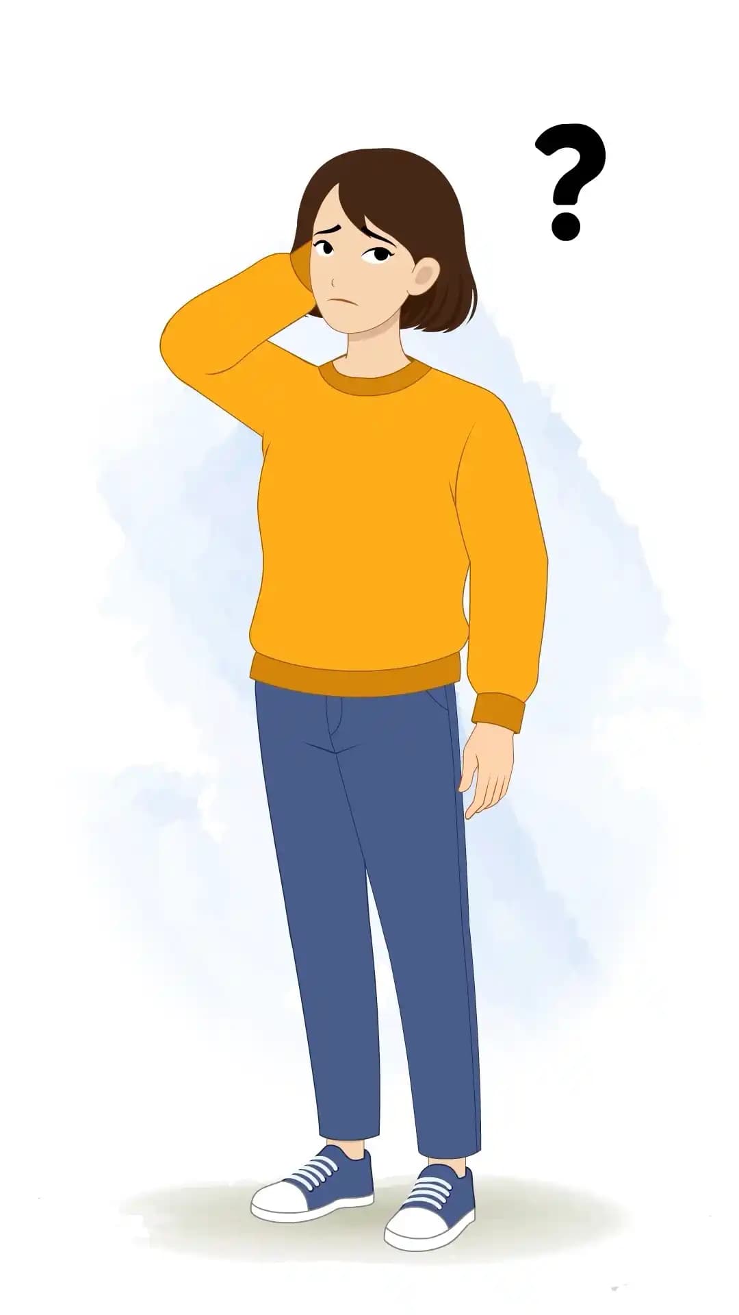 This animated cartoon character is shown in a confused pose with a puzzled expression and hand on head, ideal for animations, storytelling, explainer videos, games, and creative projects. Download now from Character Bazaar AKA Julia