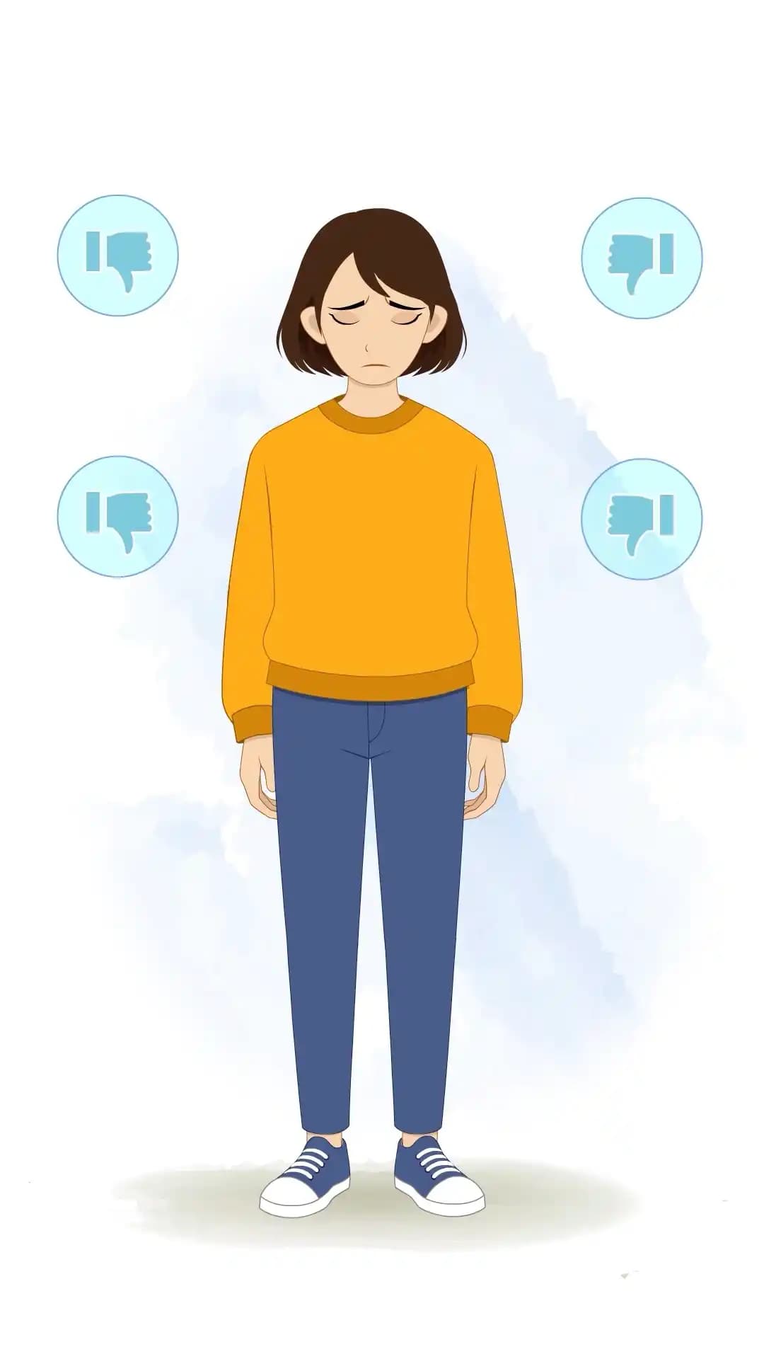 This animated cartoon character is shown in a sad and disappointed pose with head down and thumbs down icons, ideal for animations, storytelling, explainer videos, games, and emotional scenes. Download now from Character Bazaar AKA Julia