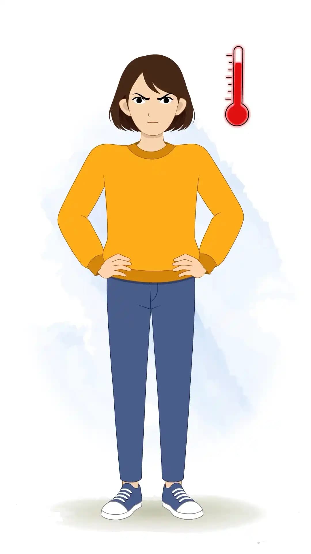 This animated cartoon character is shown in an angry pose with arms on waist and furious expression, highlighted by a high-temperature symbol, perfect for animations, explainer videos, storytelling, games, and emotional scenes AKA Julia