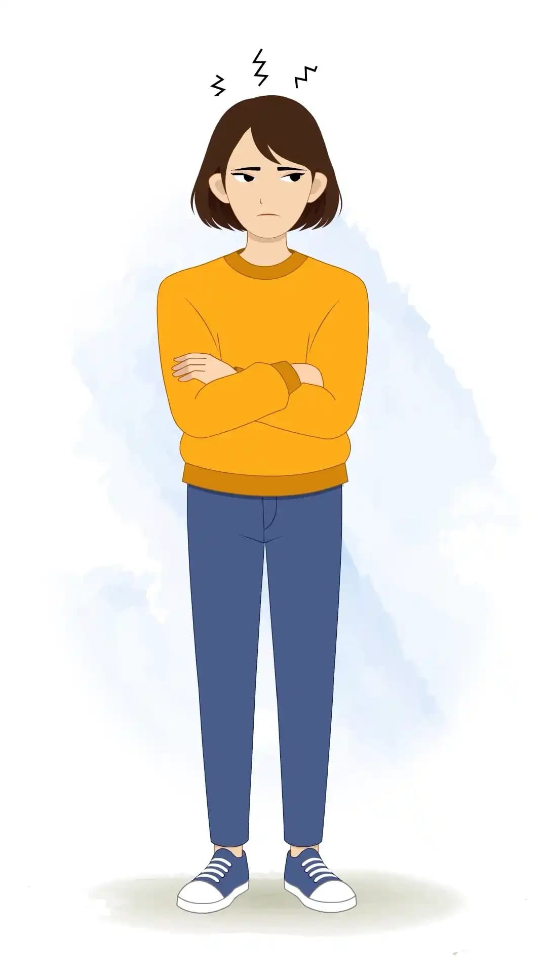 This animated cartoon character is shown in an annoyed pose with folded arms and an irritated expression, ideal for animations, storytelling, explainer videos, games, and emotional projects AKA Julia