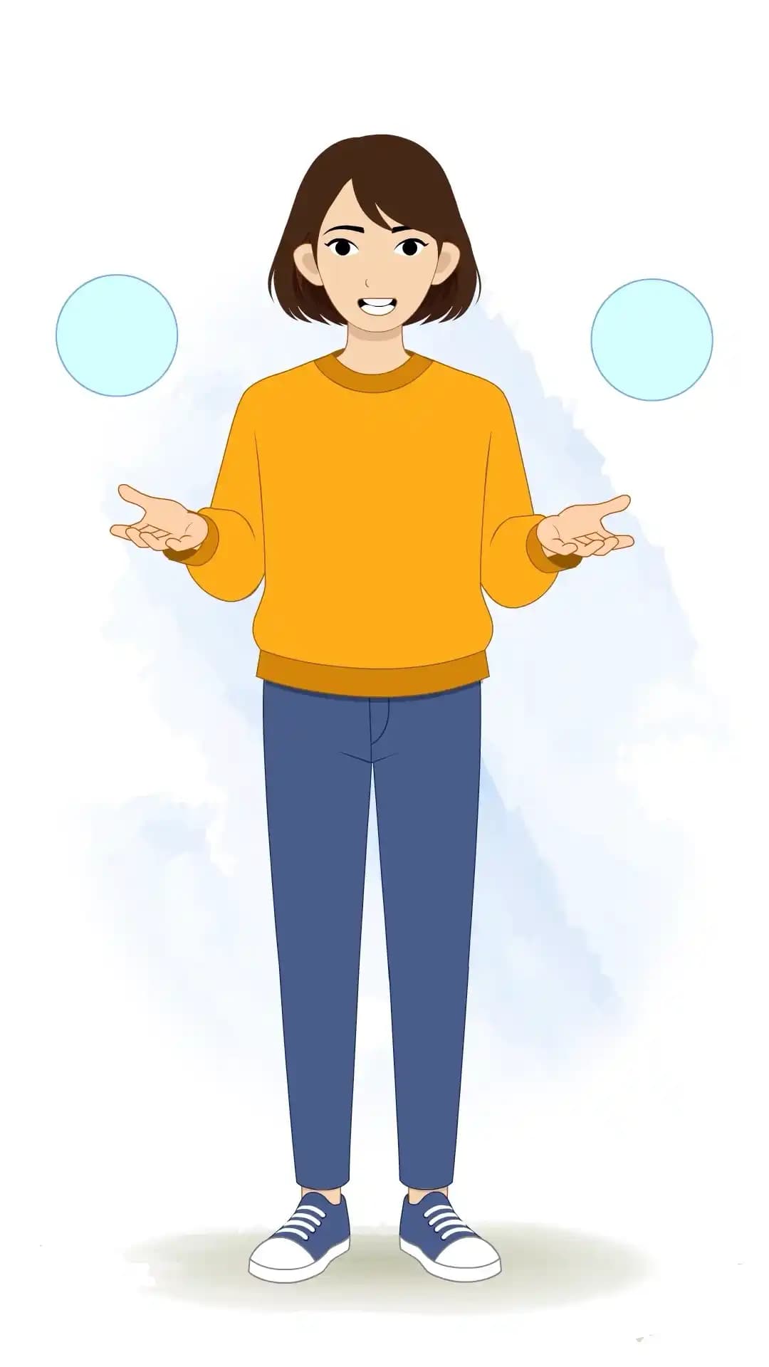 This animated cartoon character is shown in a front talking pose with both hands open and expressive gestures, perfect for storytelling, explainer videos, conversations, games, and animation projects AKA Julia