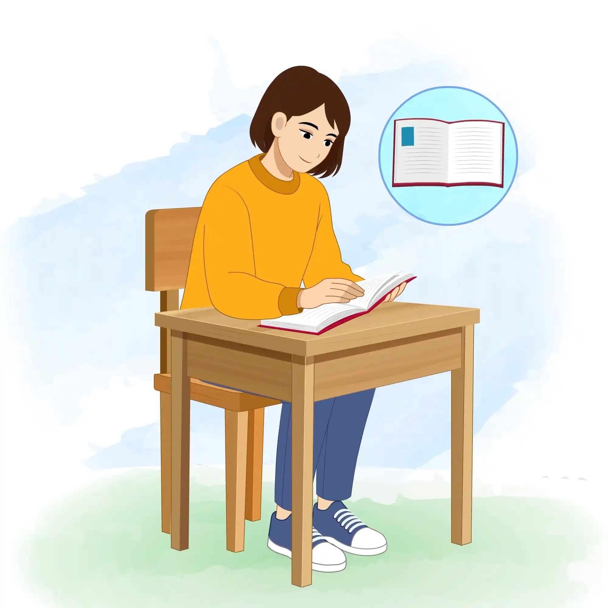 This animated cartoon character is shown sitting at a desk and reading a book, ideal for educational projects, storytelling, explainer videos, school animations, and creative content AKA Julia