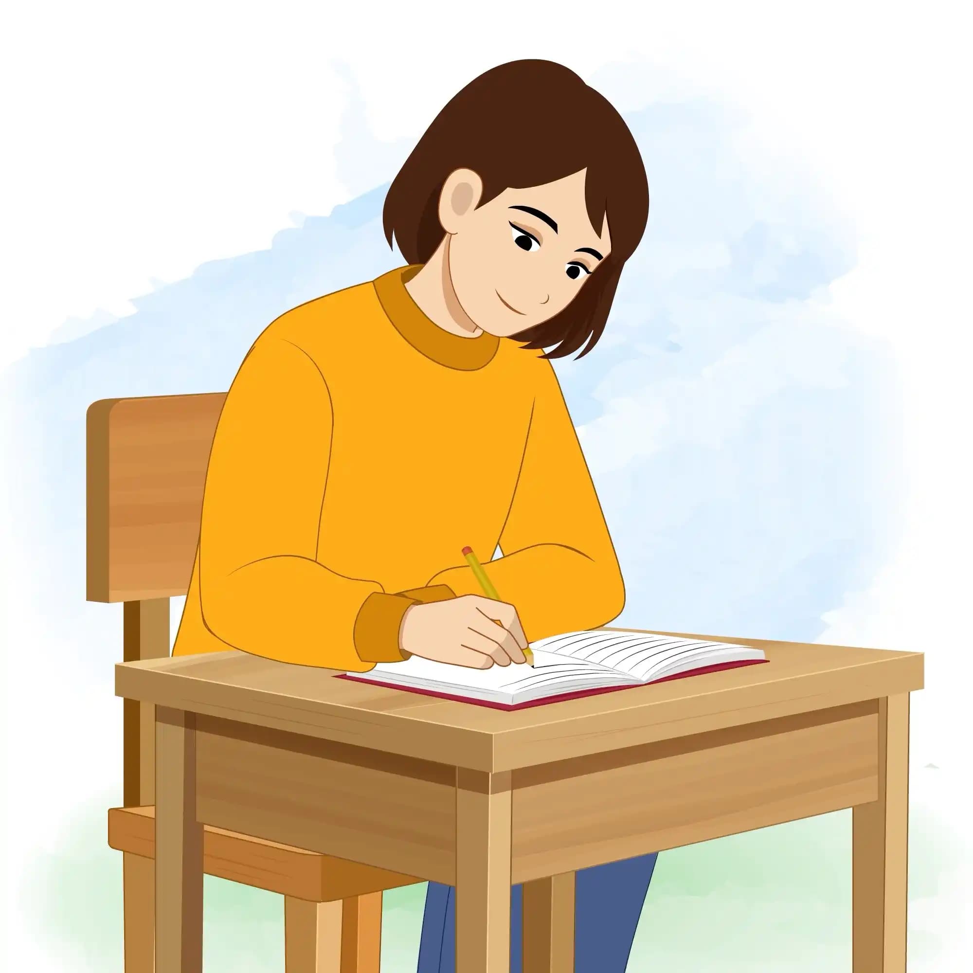 This animated cartoon character is shown sitting at a desk and writing in a notebook with a pencil, perfect for educational projects, school animations, explainer videos, storytelling, and creative content AKA Julia