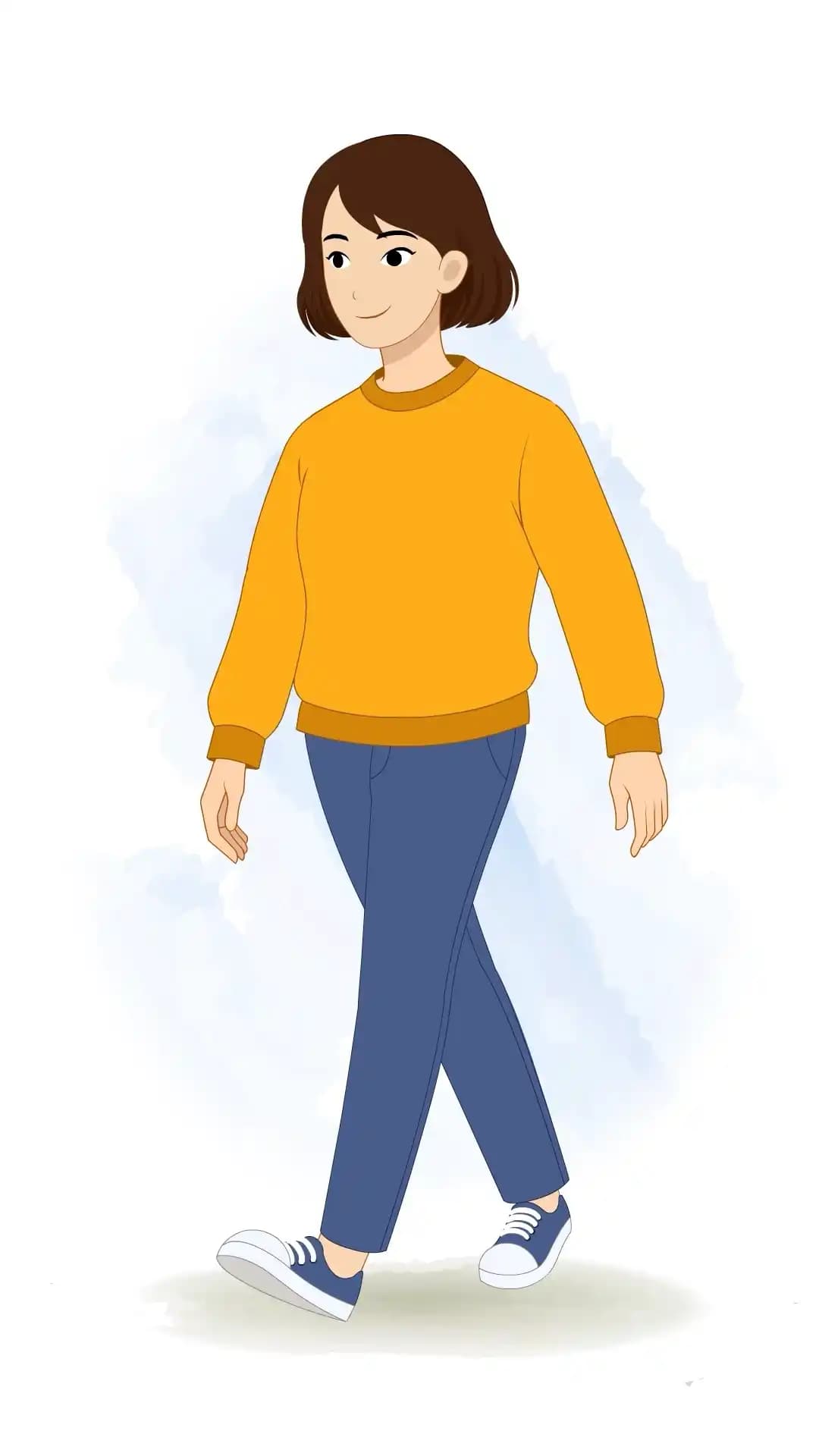 This animated cartoon character is shown in a one-third walking pose with natural body movement, ideal for animation loops, storytelling, explainer videos, games, and creative projects AKA julia