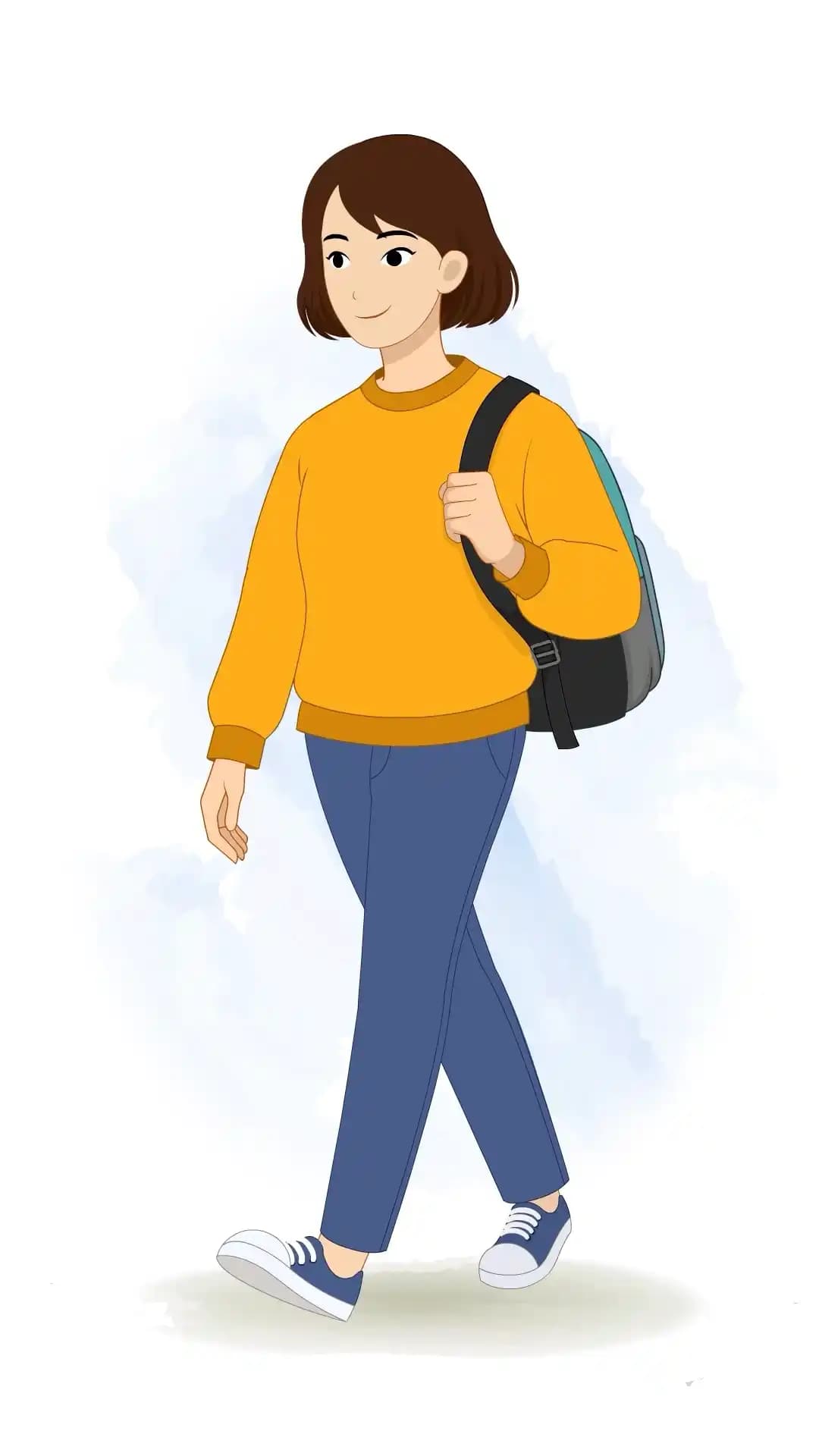 This animated cartoon character is shown in a one-third walking pose carrying a college backpack, ideal for school projects, explainer videos, storytelling, education animations, and creative content AKA Julia