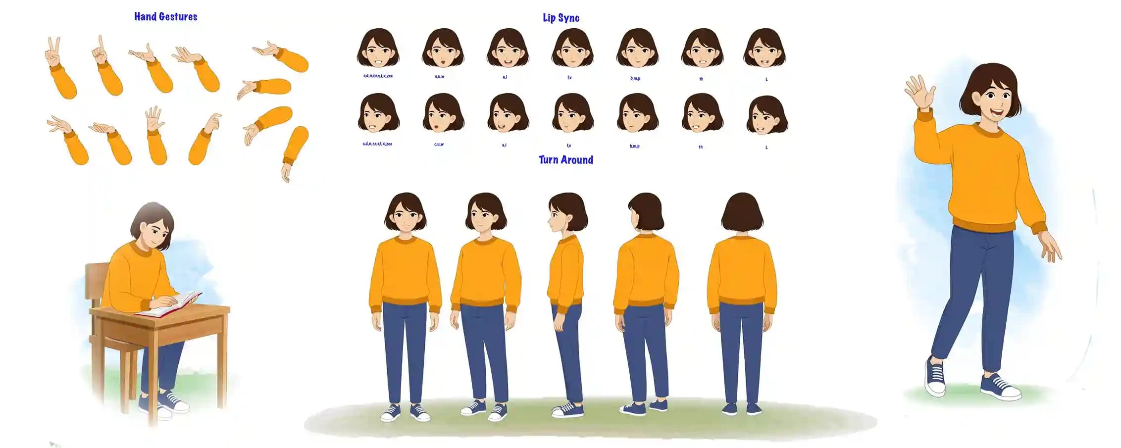 This animated cartoon character model sheet includes multiple elements such as hand gestures, lip sync mouth shapes, full body turnaround views, and activity poses. Perfect for animation projects, storytelling, explainer videos, games, and creative content AKA Julia
