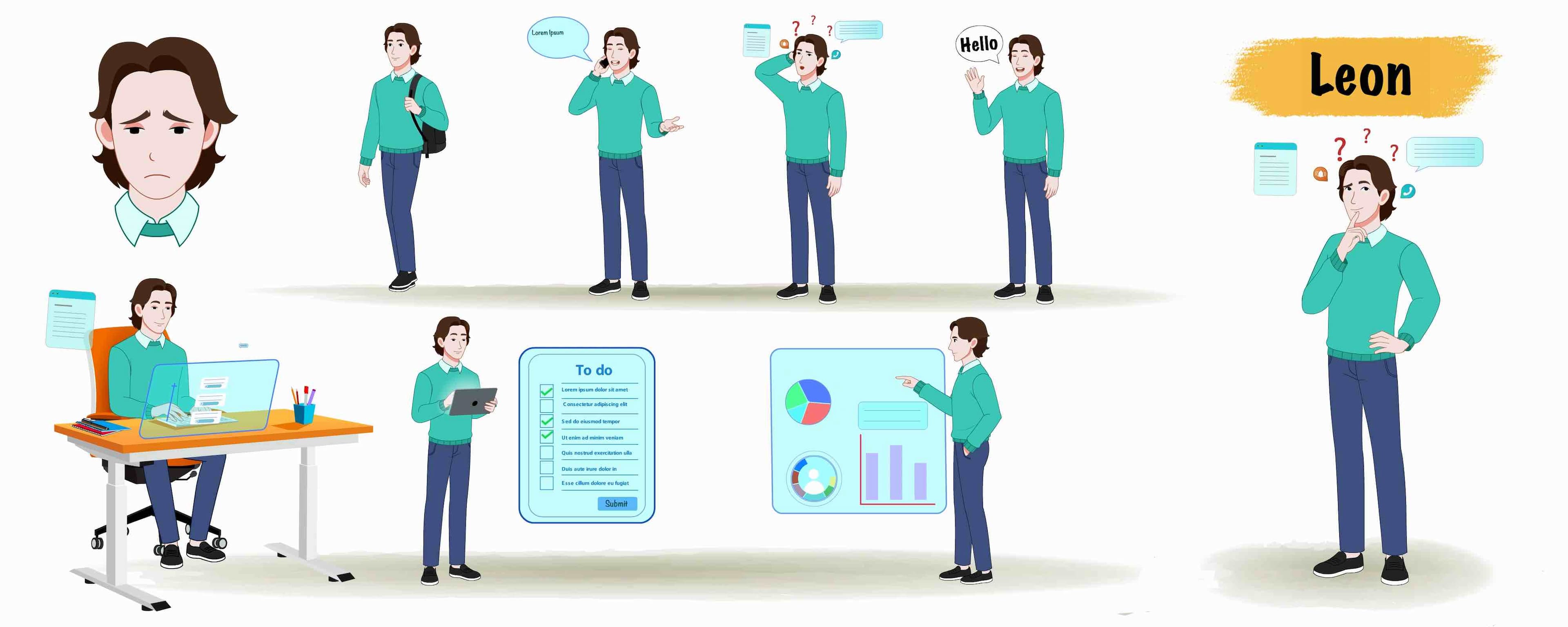 2d Animated young man in casual clothes model sheet vector cartoon character