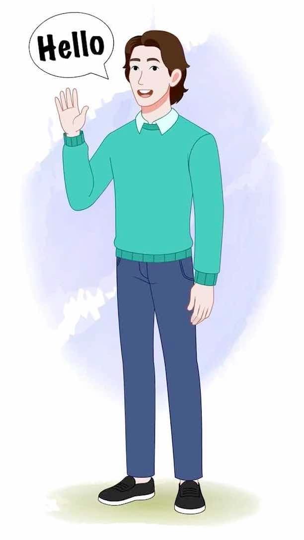 2d Animated young man in casual clothes saying hi vector cartoon character AKA Leon