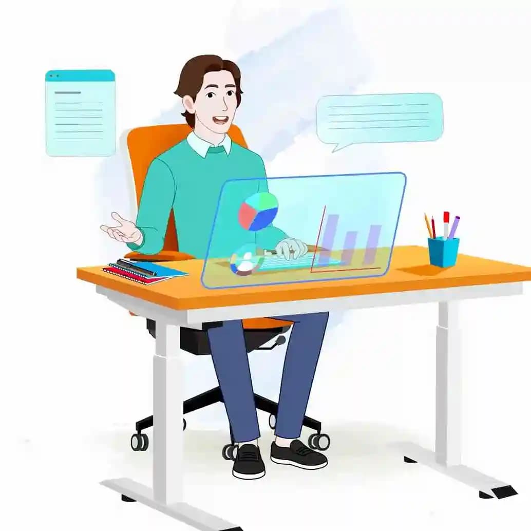 2d Animated young man in casual clothes talking while working vector cartoon character AKA Leon