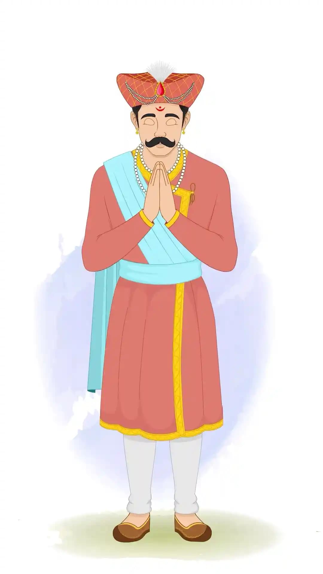 This animated cartoon character of a Hindu Marathi man is shown in a namaste greeting pose wearing traditional attire, turban, dhoti, and jewelry. Perfect for cultural projects, animations, festivals, storytelling, and educational content AKA Rajdoot
