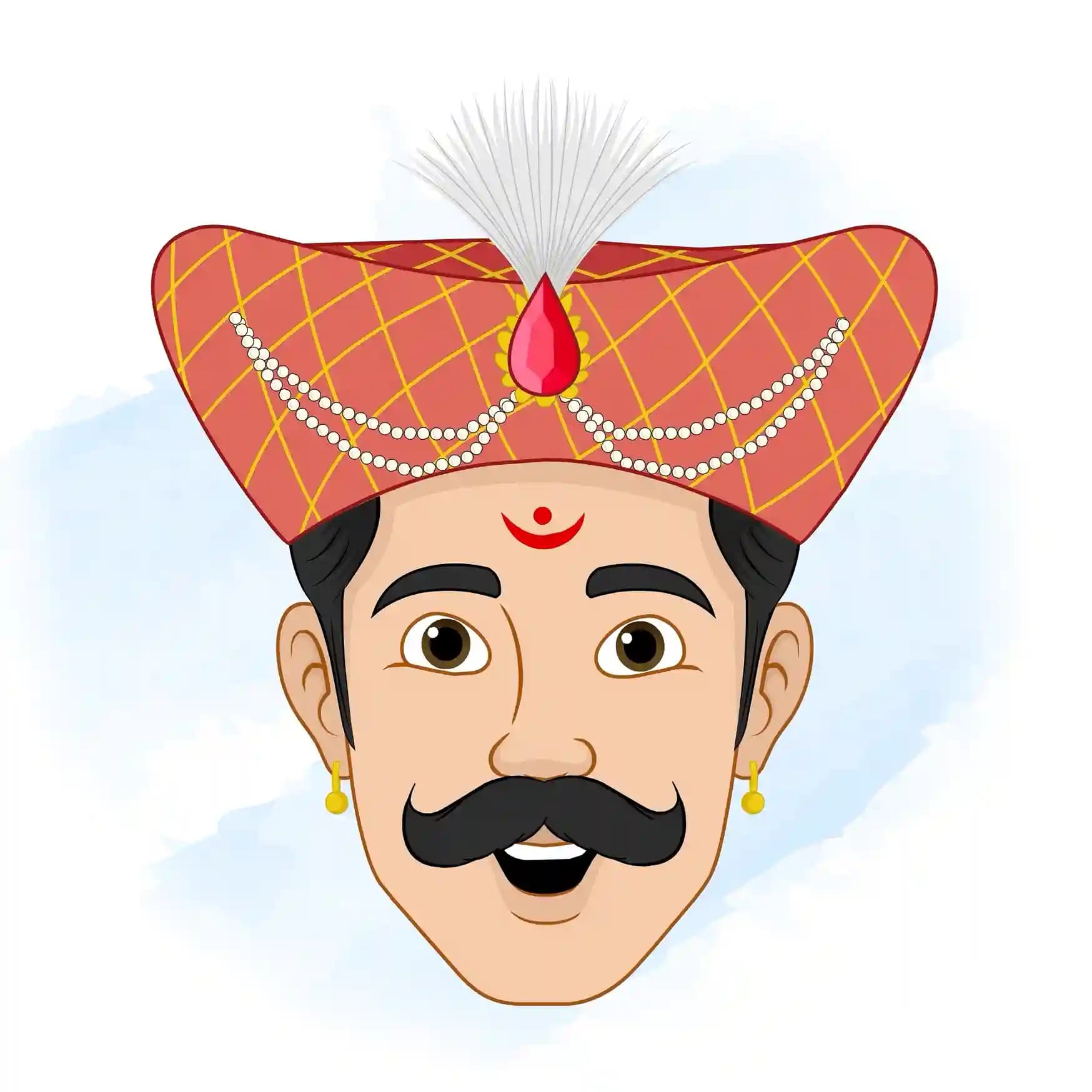 Hindu Marathi man cartoon character with turban and mustache showing multiple face expressions and lip sync phonemes, front and one third view, editable vector for animation and storytelling AKA Rajdoot