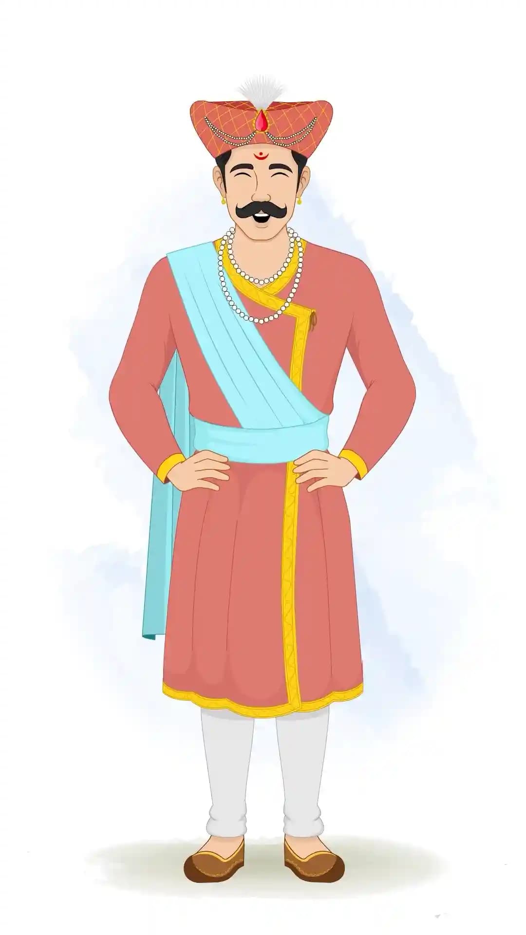 This animated cartoon character of a Hindu Marathi man is shown in a laughing pose with hands on waist, wearing traditional attire, turban, and jewelry. Perfect for cultural animations, storytelling, explainer videos, festivals, and fun projects AKA Rajdoot